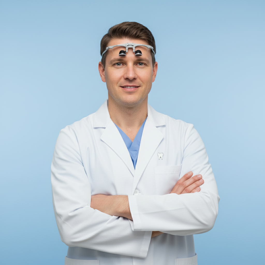 Dentist headshot smiling in dental practice with branding-friendly lighting