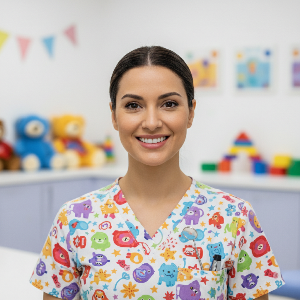Pediatric dentist headshot with kid-friendly operatory backdrop