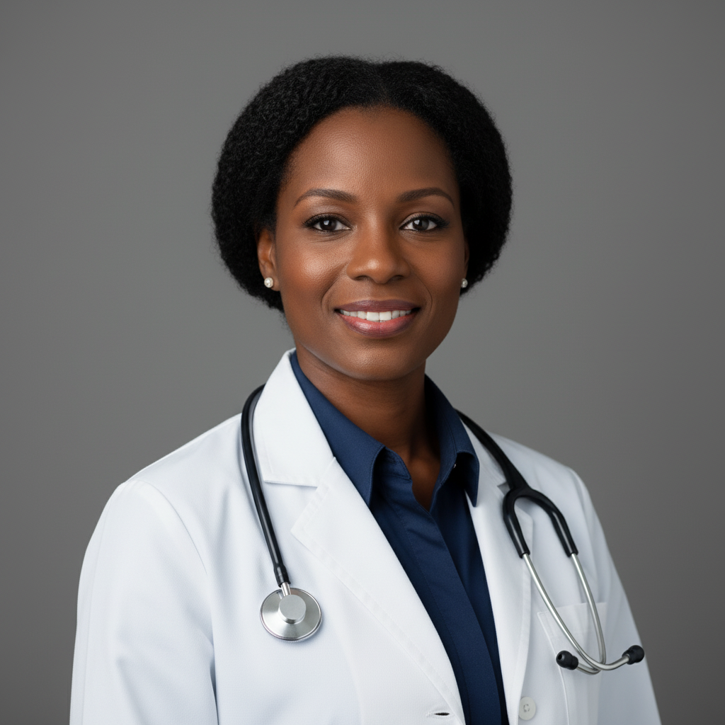 AI-generated cardiologist headshot for female doctor wearing stethoscope