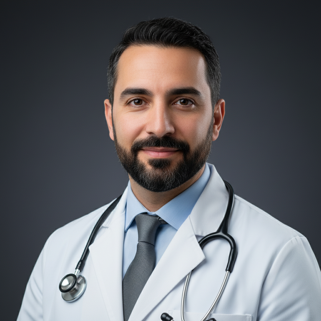 Internal medicine doctor professional headshot with modern practice background