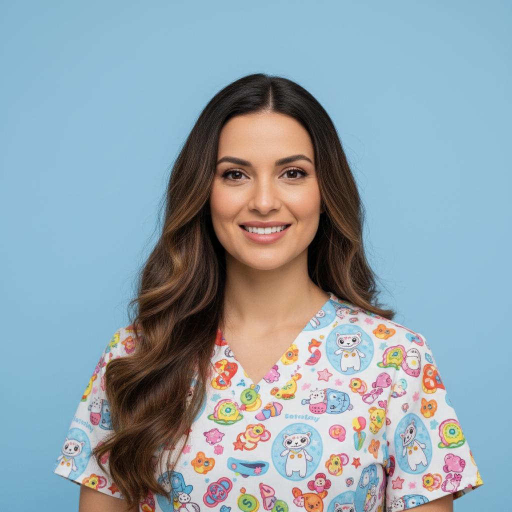 Pediatrician LinkedIn headshot with warm clinic lighting