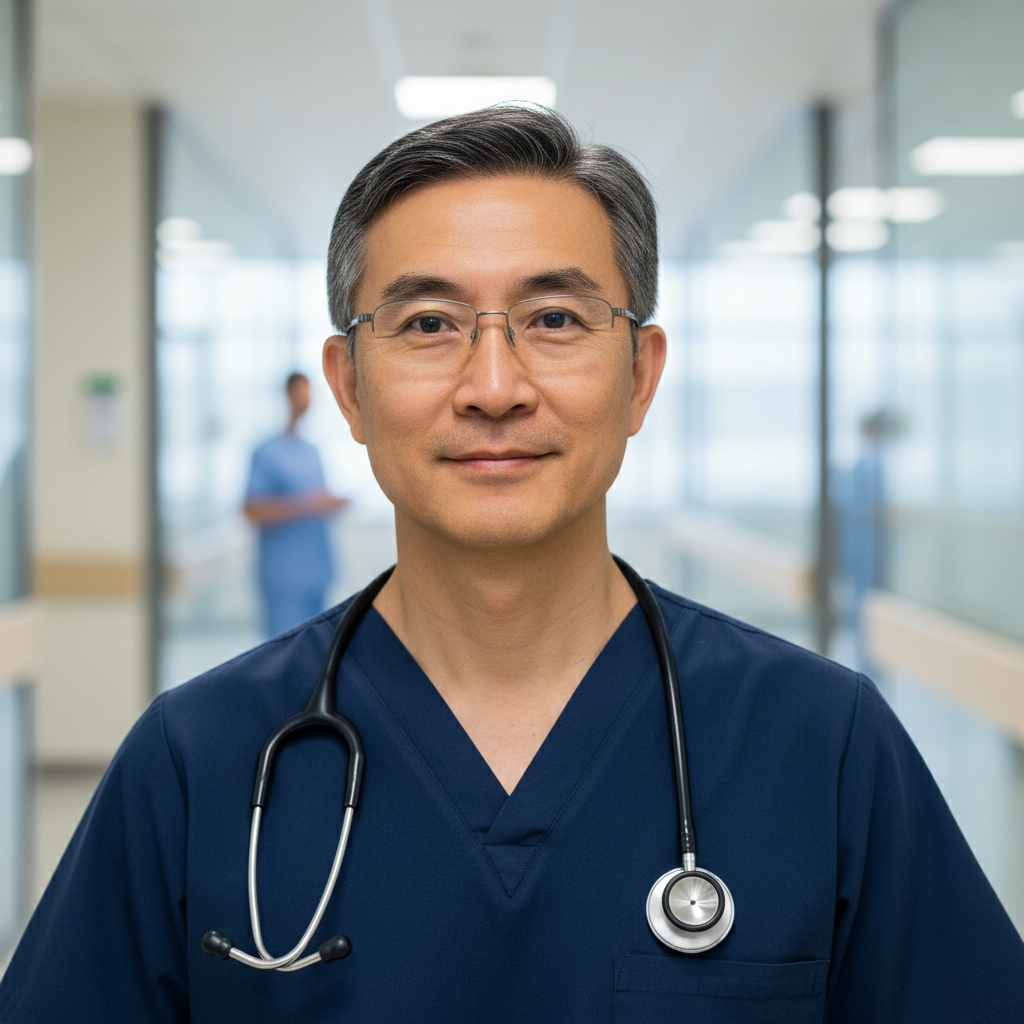 AI surgeon headshot with operating room backdrop for male physician