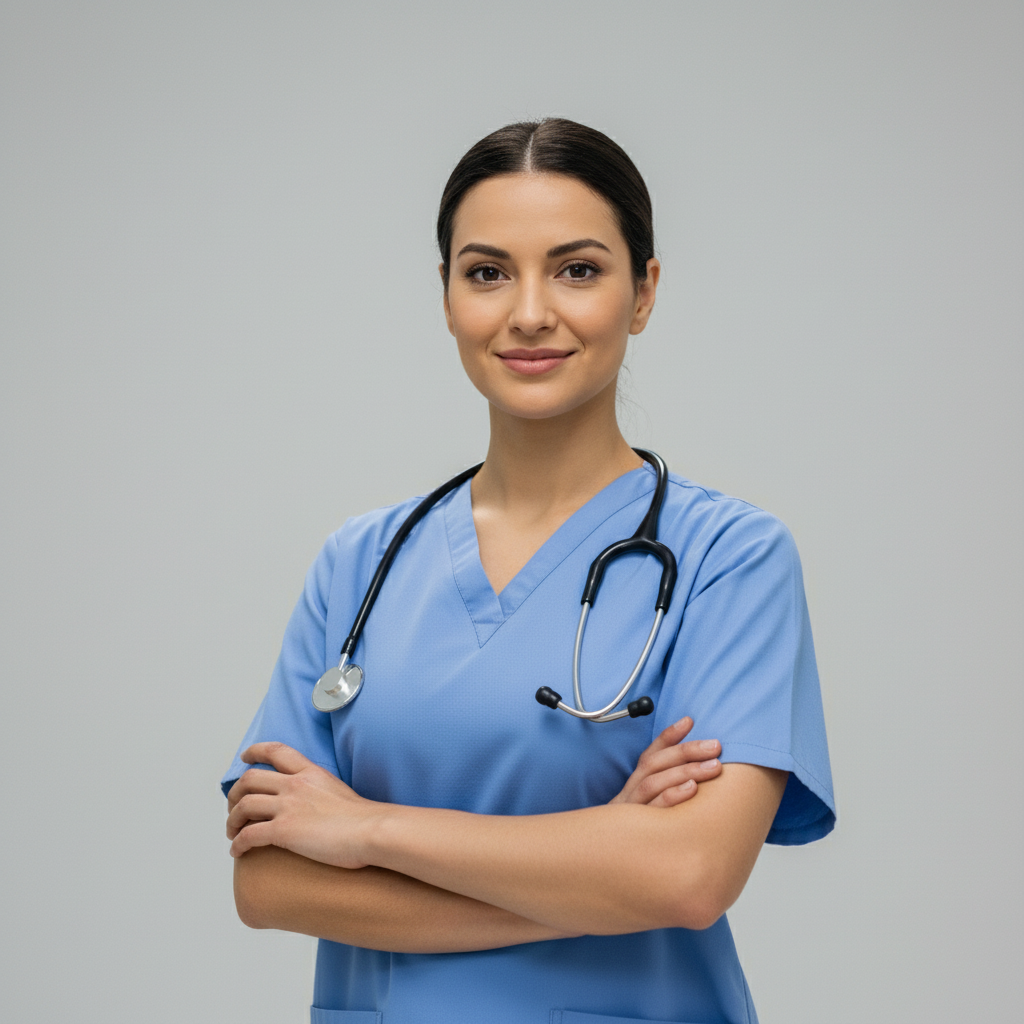Registered nurse headshot with hospital corridor background